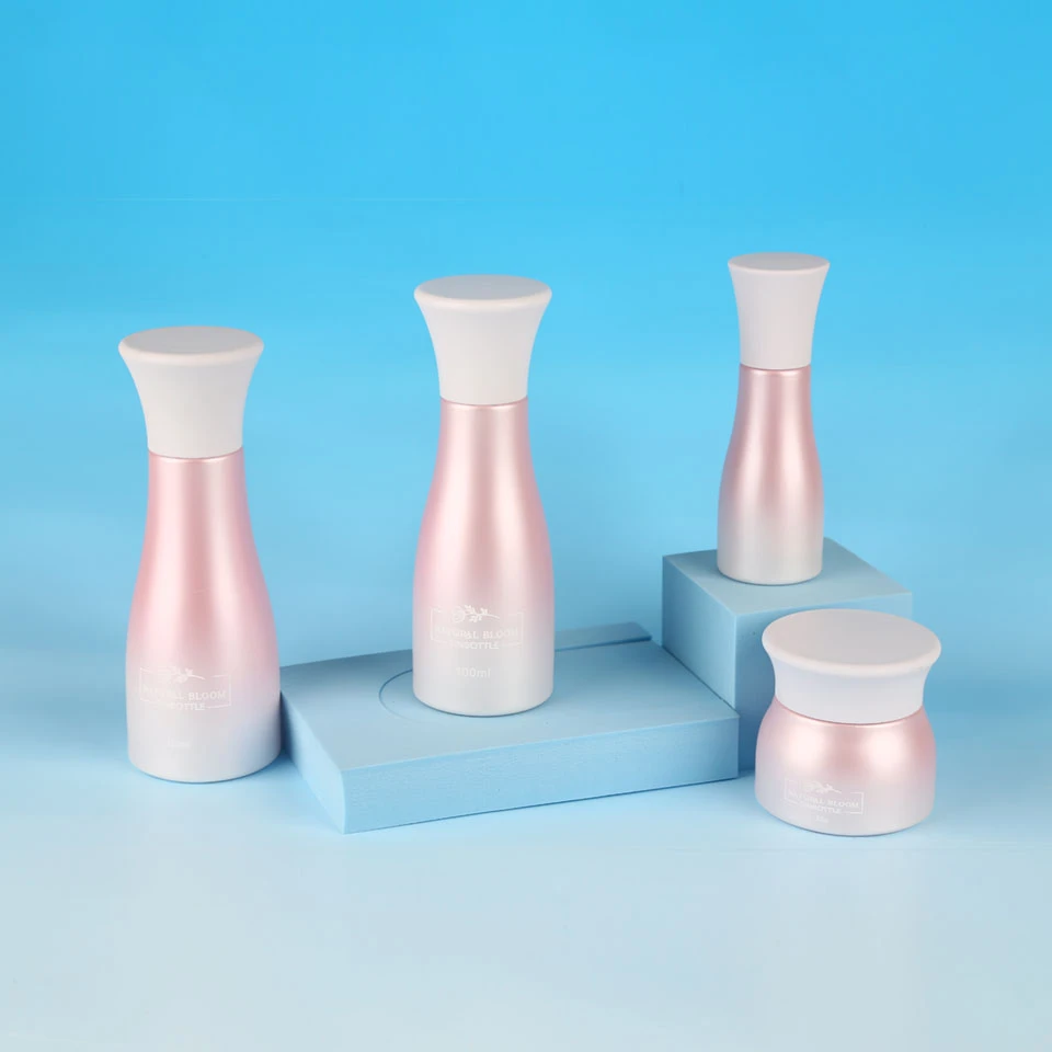 Pink Pearlescent Cosmetic Glass Set Large Capacity Lotion Bottle Manufacturer Custom Production Cream Jar